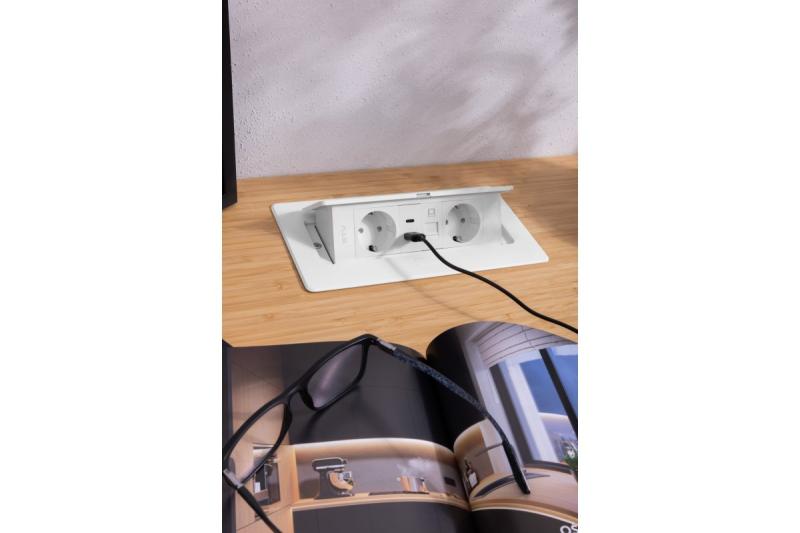 Електрически контакт за мебели MULTISOFT, 2xSHUKO, USB A+C, RJ45, кабел 1.5 м, бял