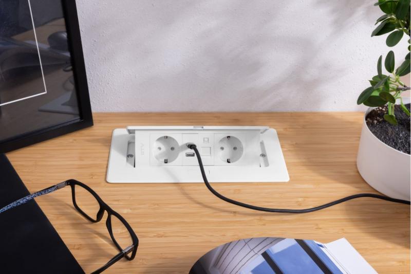 Електрически контакт за мебели MULTISOFT, 2xSHUKO, USB A+C, RJ45, кабел 1.5 м, бял