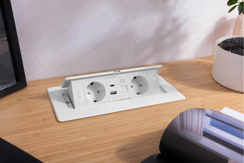 Електрически контакт за мебели MULTISOFT, 2xSHUKO, USB A+C, RJ45, кабел 1.5 м, бял