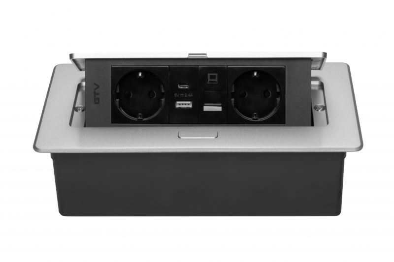 Мебелен контакт MULTISOFT, 2xSHUKO, USB A+C, RJ45, кабел 1.5 м, алуминий