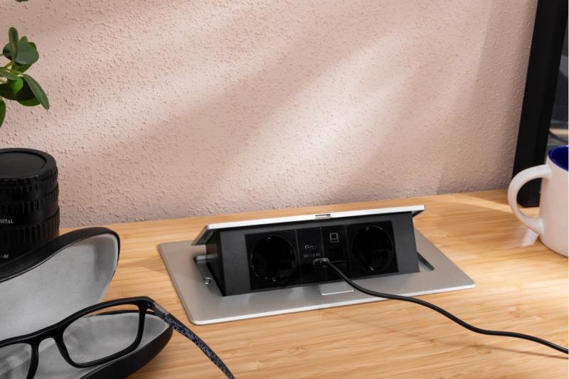 Мебелен контакт MULTISOFT, 2xSHUKO, USB A+C, RJ45, кабел 1.5 м, алуминий