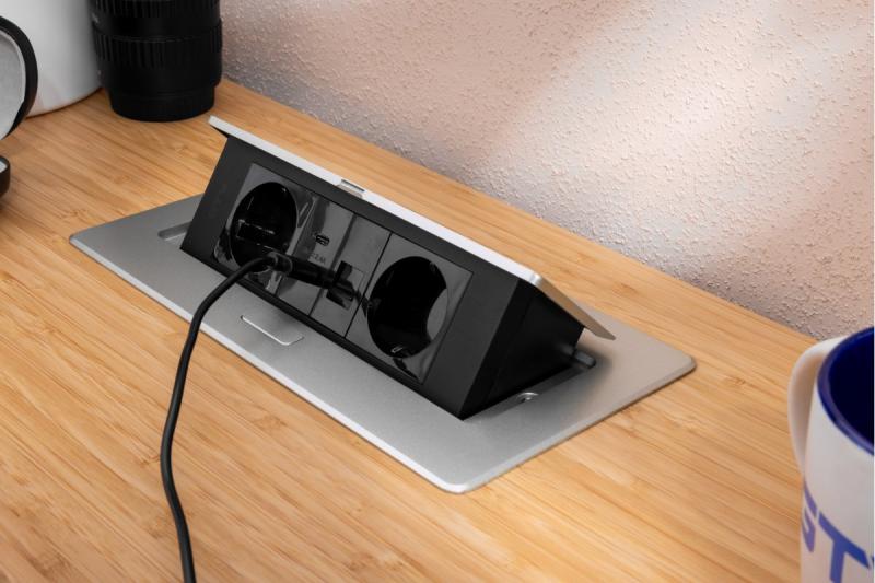 Мебелен контакт MULTISOFT, 2xSHUKO, USB A+C, RJ45, кабел 1.5 м, алуминий