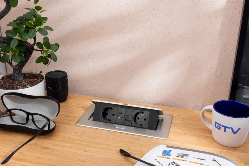 Мебелен контакт MULTISOFT, 2xSHUKO, USB A+C, RJ45, кабел 1.5 м, алуминий