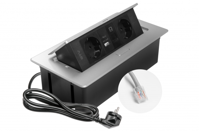 Мебелен контакт MULTISOFT, 2xSHUKO, USB A+C, RJ45, кабел 1.5 м, алуминий