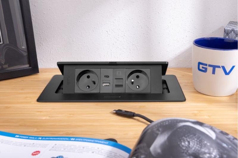 MULTISOFT Контакт за мебели 2x контакт с заземяване, USB A+C, RJ45, захранващ кабел с щепсел, черен