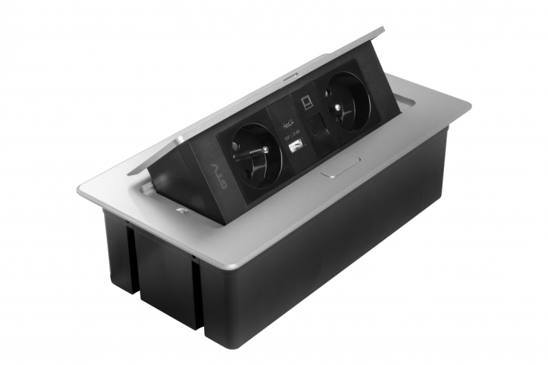 MULTISOFT Контакт за мебели 2x гнездо със заземяване, USB A+C, RJ45, захранващ кабел с щепсел, алуминий