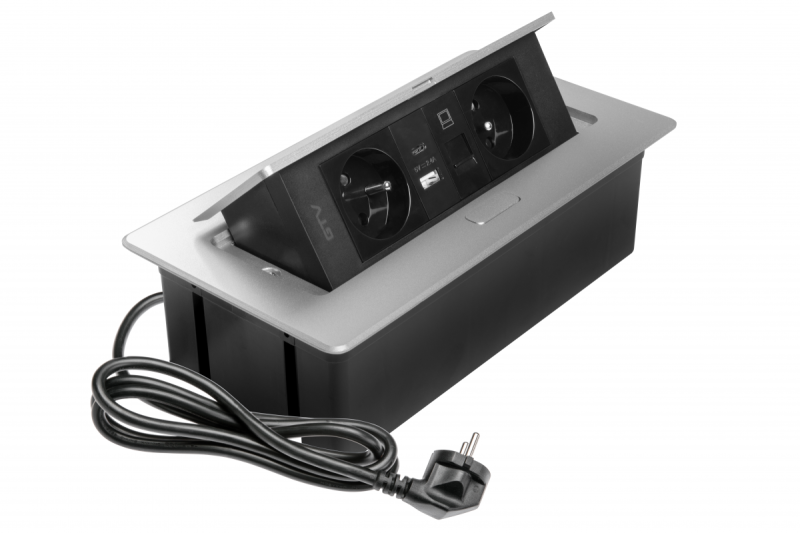 MULTISOFT Контакт за мебели 2x гнездо със заземяване, USB A+C, RJ45, захранващ кабел с щепсел, алуминий