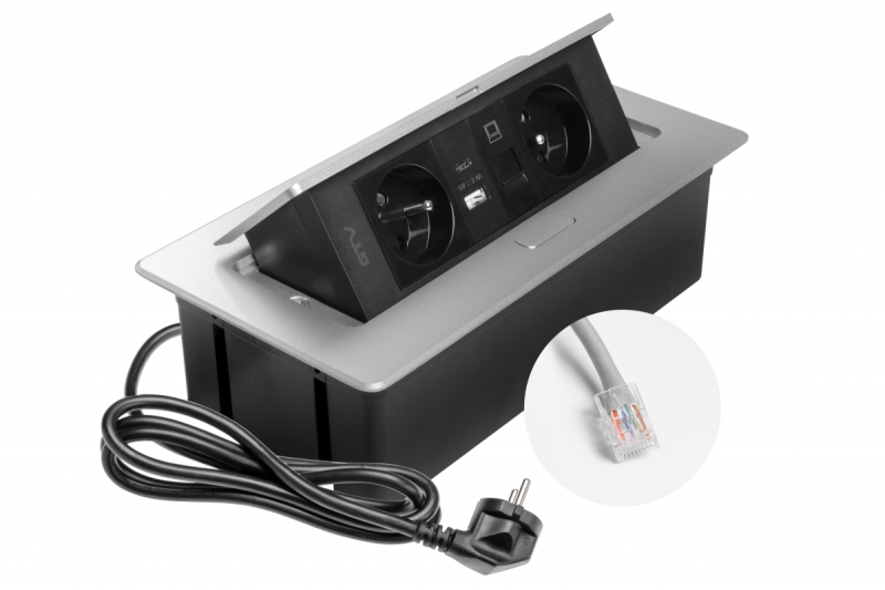 MULTISOFT Контакт за мебели 2x гнездо със заземяване, USB A+C, RJ45, захранващ кабел с щепсел, алуминий