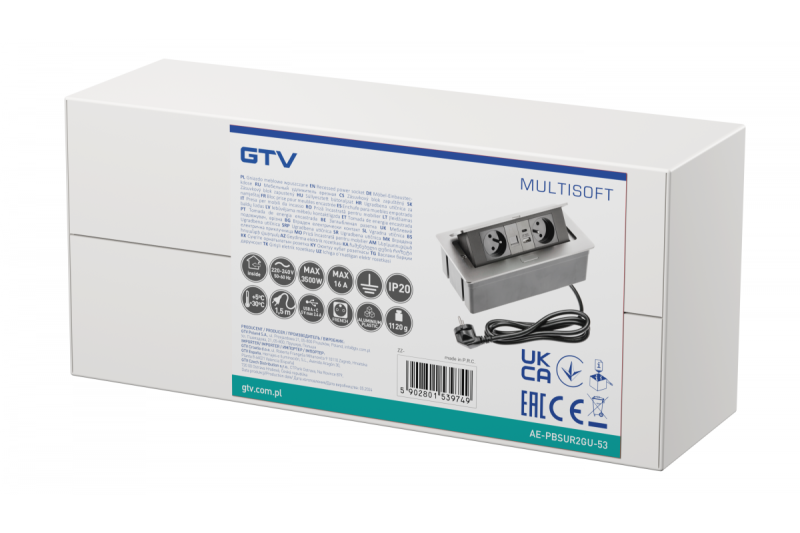 MULTISOFT Контакт за мебели 2x гнездо със заземяване, USB A+C, RJ45, захранващ кабел с щепсел, алуминий