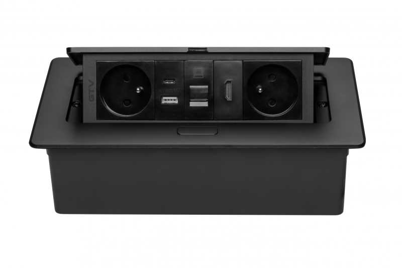 Мебелен контакт MULTISOFT, 2xSHUKO, USB A+C, RJ45, HDMI кабел 1.5 м, черен