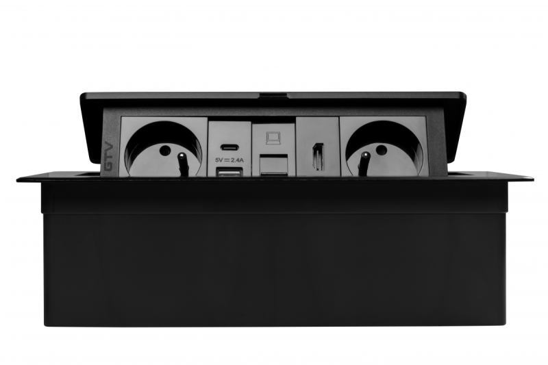 Мебелен контакт MULTISOFT, 2xSHUKO, USB A+C, RJ45, HDMI кабел 1.5 м, черен