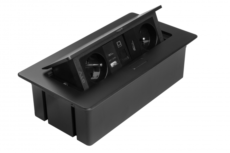 Мебелен контакт MULTISOFT, 2xSHUKO, USB A+C, RJ45, HDMI кабел 1.5 м, черен