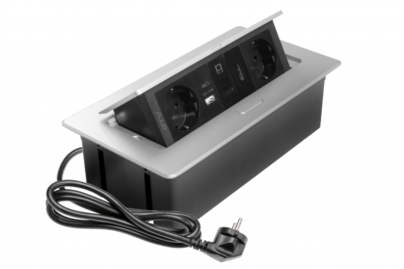 Мебелен контакт MULTISOFT, 2xШУКО, USB A+C, RJ45, HDMI кабел 1.5 м, алуминий