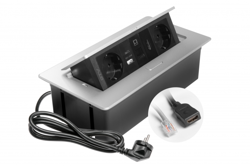 Мебелен контакт MULTISOFT, 2xШУКО, USB A+C, RJ45, HDMI кабел 1.5 м, алуминий