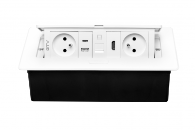 MULTISOFT мебелен контакт 2x контакт със заземяване, USB A+C, RJ45, HDMI, захранващ кабел с щепсел, бял