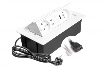 MULTISOFT мебелен контакт 2x контакт със заземяване, USB A+C, RJ45, HDMI, захранващ кабел с щепсел, бял