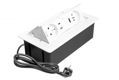 MULTISOFT мебелен контакт 2x контакт със заземяване, USB A+C, RJ45, HDMI, захранващ кабел с щепсел, бял