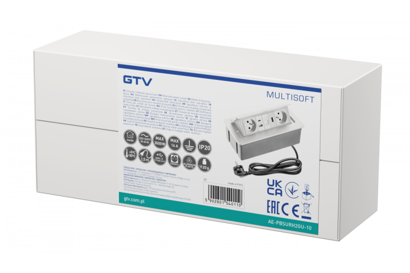 MULTISOFT мебелен контакт 2x контакт със заземяване, USB A+C, RJ45, HDMI, захранващ кабел с щепсел, бял