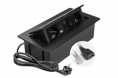MULTISOFT мебелен контакт 2x контакт с заземяване, USB A+C, RJ45, HDMI, захранващ кабел с щепсел, черен