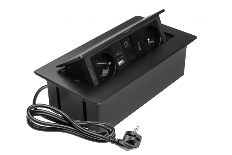 MULTISOFT мебелен контакт 2x контакт с заземяване, USB A+C, RJ45, HDMI, захранващ кабел с щепсел, черен