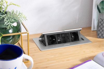 MULTISOFT мебелен контакт 2x контакт със заземяване, USB A+C, RJ45, HDMI, захранващ кабел с щепсел, алуминий