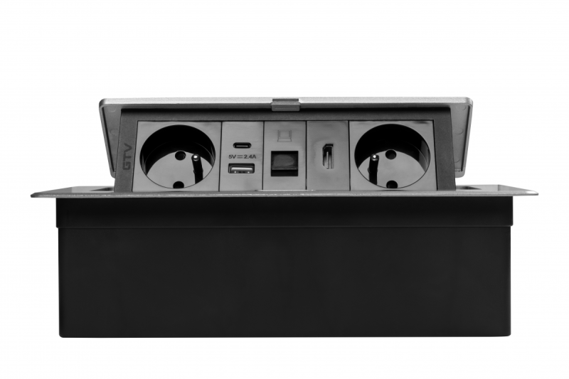 MULTISOFT мебелен контакт 2x контакт със заземяване, USB A+C, RJ45, HDMI, захранващ кабел с щепсел, алуминий