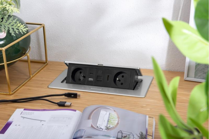 MULTISOFT мебелен контакт 2x контакт със заземяване, USB A+C, RJ45, HDMI, захранващ кабел с щепсел, алуминий