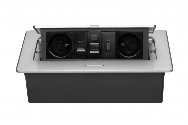 MULTISOFT мебелен контакт 2x контакт със заземяване, USB A+C, RJ45, HDMI, захранващ кабел с щепсел, алуминий