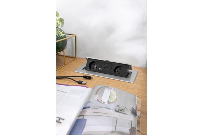 MULTISOFT мебелен контакт 2x контакт със заземяване, USB A+C, RJ45, HDMI, захранващ кабел с щепсел, алуминий