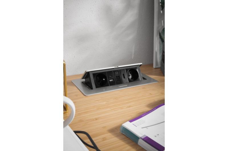 MULTISOFT мебелен контакт 2x контакт със заземяване, USB A+C, RJ45, HDMI, захранващ кабел с щепсел, алуминий