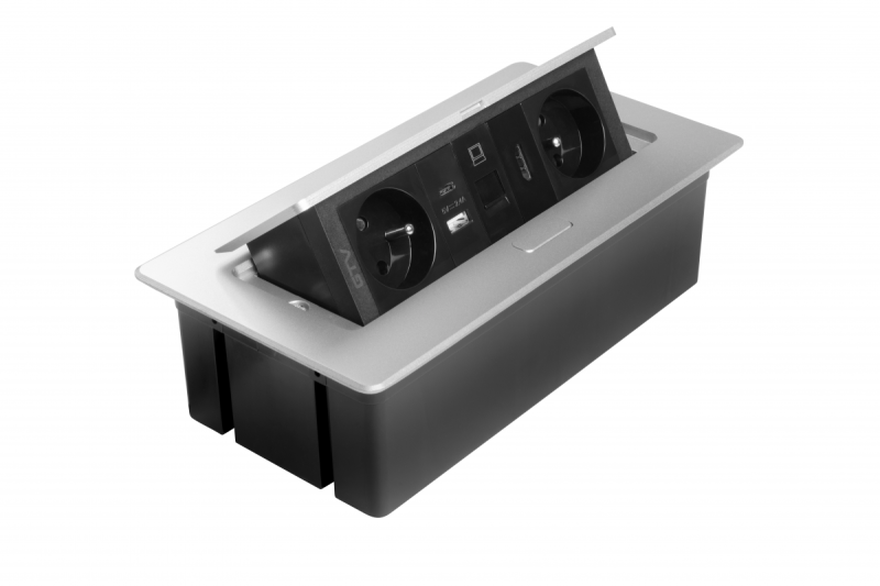 MULTISOFT мебелен контакт 2x контакт със заземяване, USB A+C, RJ45, HDMI, захранващ кабел с щепсел, алуминий