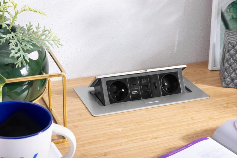 MULTISOFT мебелен контакт 2x контакт със заземяване, USB A+C, RJ45, HDMI, захранващ кабел с щепсел, алуминий