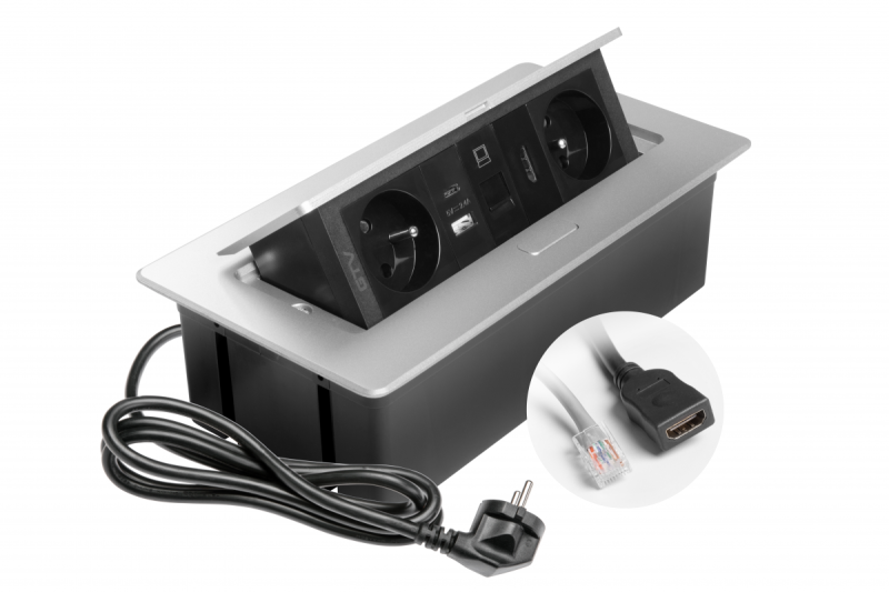 MULTISOFT мебелен контакт 2x контакт със заземяване, USB A+C, RJ45, HDMI, захранващ кабел с щепсел, алуминий