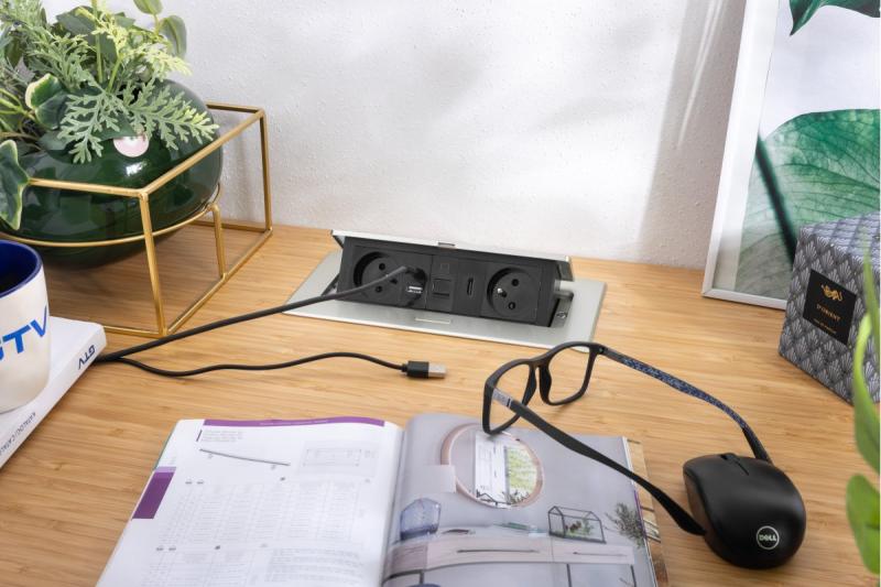 MULTISOFT мебелен контакт 2x контакт със заземяване, USB A+C, RJ45, HDMI, захранващ кабел с щепсел, алуминий