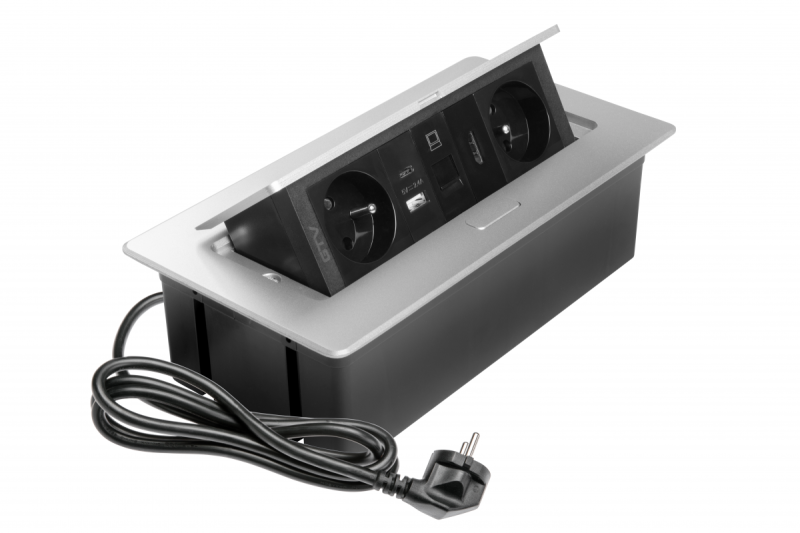 MULTISOFT мебелен контакт 2x контакт със заземяване, USB A+C, RJ45, HDMI, захранващ кабел с щепсел, алуминий