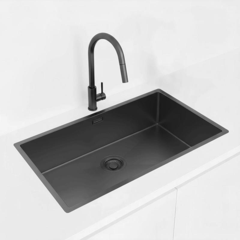 Pure.Sink Luxion Голяма PVD черна мивка 74x40 cm за вграждане, плоско вграждане и надграждане PLX7440-63