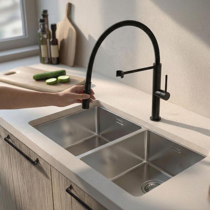 Pure.Sink Luxion Матов черен кухненски кран profi с гъвкав излив и 2 вида струя PLXFLEX-10