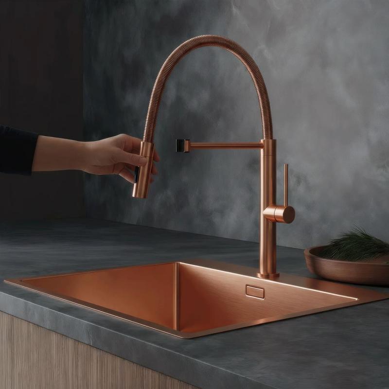 Pure.Sink Luxion Медна кухненска смесителна батерия с гъвкав излив и 2 вида струя PLXFLEX-62