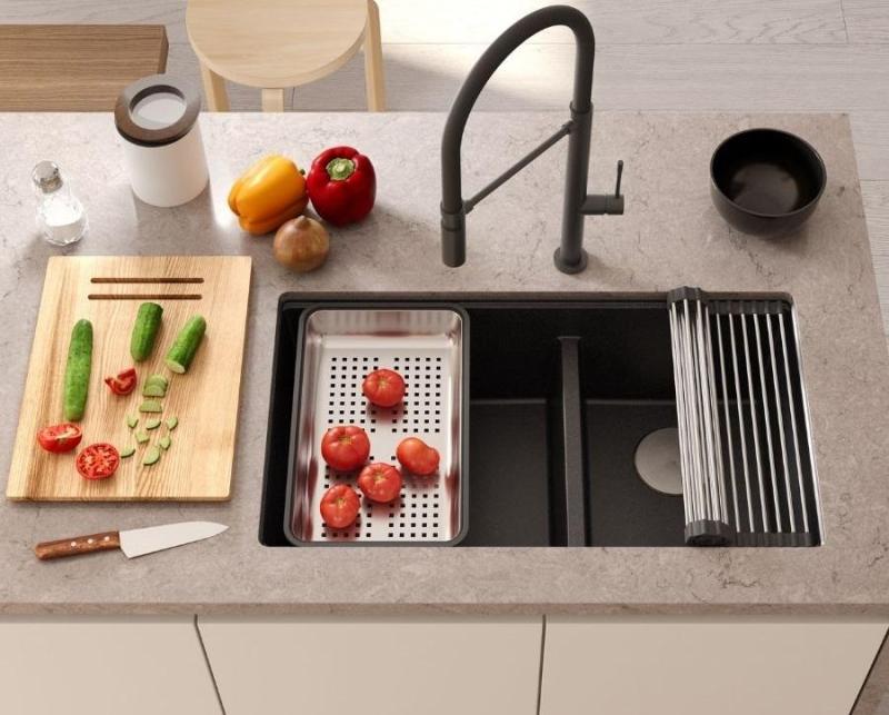 Quadri Newport II Двоен Бежов Гранитен Монтажен Мивка 76x45 см със Златен щепсел 1208971753