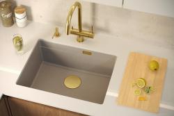 Quadri Newport II гранитен долен монтаж в бежово мивка 560x450mm с ръчен пробкодържател от неръждаема стомана и капачка за отпадъци 1208971766