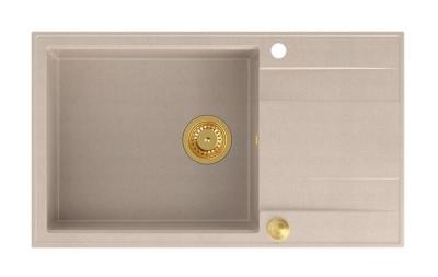 Квадратно гранитно мивка Luton pearl beige с голяма надстройка и място за оставяне на съдове, обратима 86x50cm със златен щепсел 1208971774