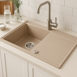 Quadri Luton бежов гранитен монтиран мивка с отцеждаща площа, обратим 86x50cm с неръждаема щепсел 1208971779