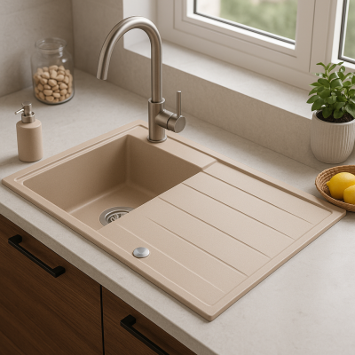 Quadri Luton перлено бежов гранитен монтажен мивка със сушилня, обратим 86x50cm с неръждаема стомана тапа 1208971779