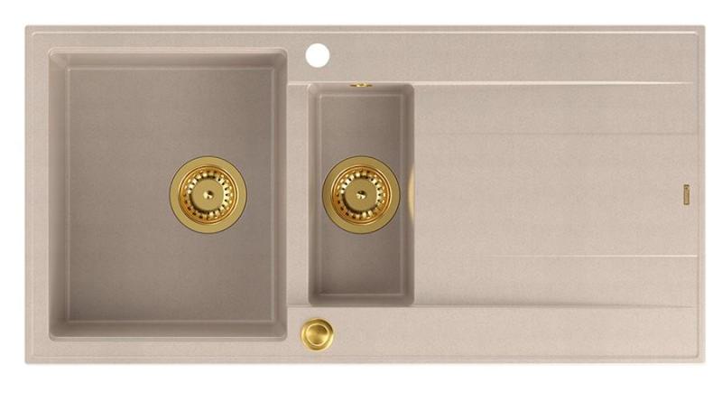 Quadri Luton перлена бежова гранитна мивка с 1,5 кухненски съдомиялни и сушилня, обратима 100x50cm със златен щепсел 1208971793