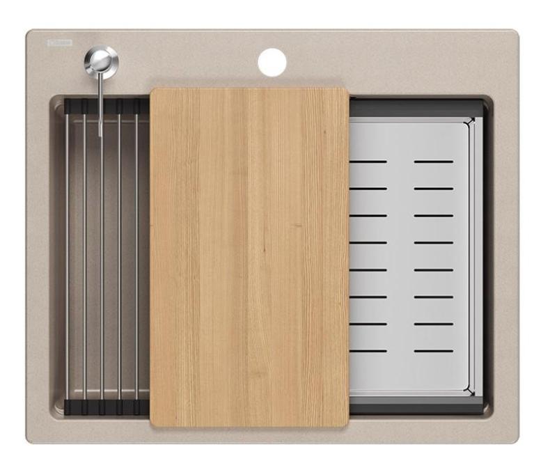 Quadri Durham Pearl Beige гранитна мивка за монтаж 595x500 с диспенсър за сапун, дъска за рязане, вмъкваема мивка и ролкова подложка 1208971814