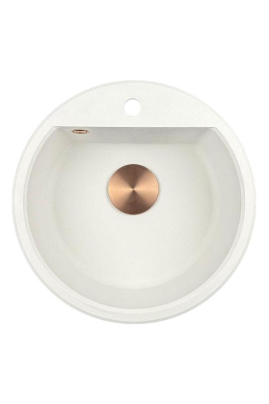 GraniteMy Бремен окръгла гранитна мивка 43 см бяла, за монтаж отгоре и отдолу, с отвор за смесител и автоматичен меден щепсел 1208971847