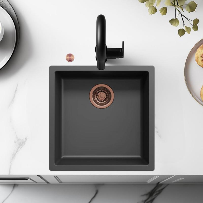 Ausmann Fiber черна мивка 40x40cm за вграждане, монтаж отгоре и вграждане на ниво с автоматичен меден щепсел 1208971852