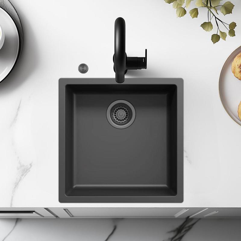 Ausmann Fibre черен съдомиялник 40x40cm за вграждане под, над и в равнина с автоматичен щепсел от пушечно метал 1208971854
