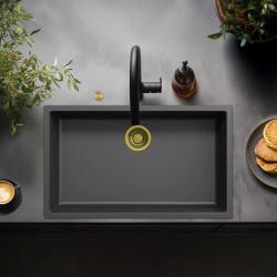 Ausmann Fiber черен голям мивка 70x40cm за вграждане, монтаж отгоре и плосък монтаж с автоматичен златен щепсел 1208971864