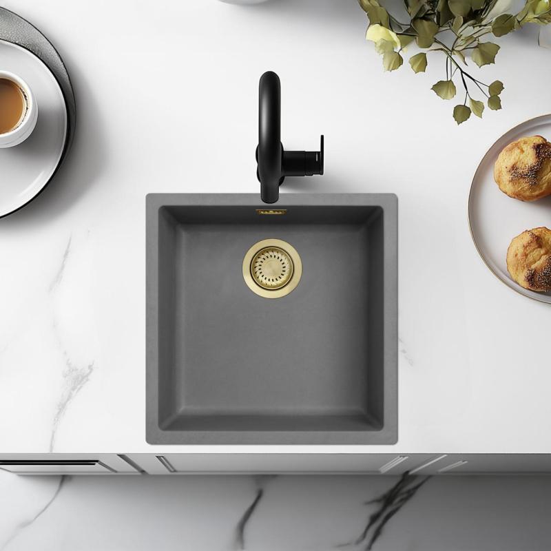 Ausmann Fibre бетонен сив мивка 40x40cm подстройка, надстройка и вграждане със златен щепсел 1208971881